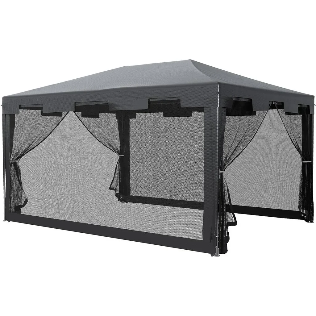 Pavillon Partyzelt mit Seitenwänden Metall PE Weiß+Dunkelgrau+Schwarz 4 x 3 m