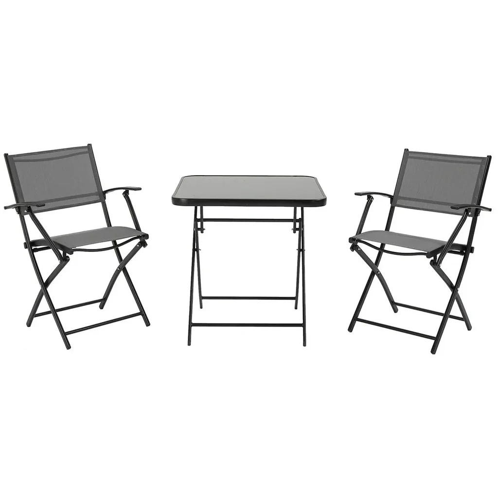 Sitzgruppe klappbar 3tlg. Balkonset Balkonmöbel 1 Tisch+2 Stühle Gartenmöbel Set Sitzgarnitur Metall Mesh Schwarz+Grau