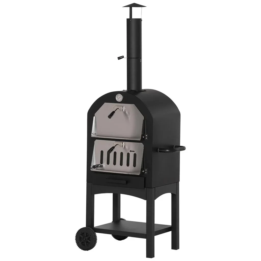 2-In-1 Pizzaofen Outdoor mit Rollen 3-Tier Holzbackofen für BBQ Stahl Schwarz+Silber 63 x 54 x 161 cm