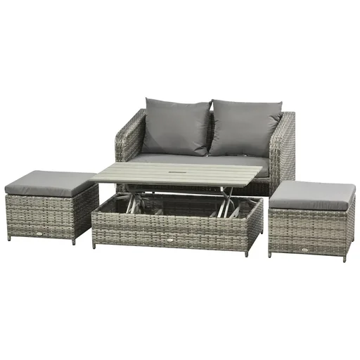 "Polyrattan Sitzgarnitur 4 tlg. Sitzgruppe Gartenset Doppelsofa mit Hocker Tisch Sofagarnitur Gartenmöbel Set Lounge Grau image"