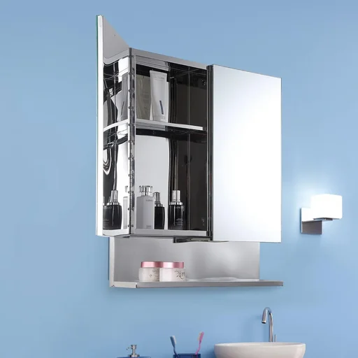 "Spiegelschrank Glasschrank mit Haken Badezimmerschrank Wandmontage Edelstahl Silber B60 x H70 x T13 cm image"