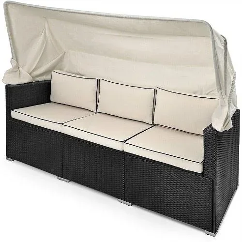 "Polyrattan Sofa - Schwarz-Creme - 210x70x70cm - Mit Sonnendach image"
