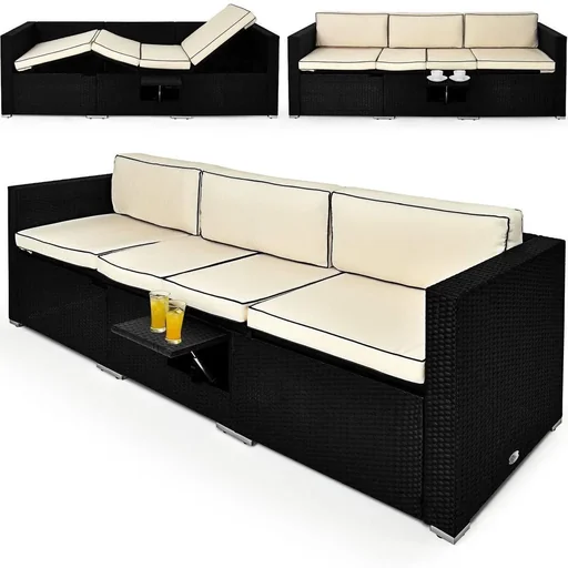 "Polyrattan Sofa - Schwarz-Creme - 210x70x70Cm - Verstellbar image"