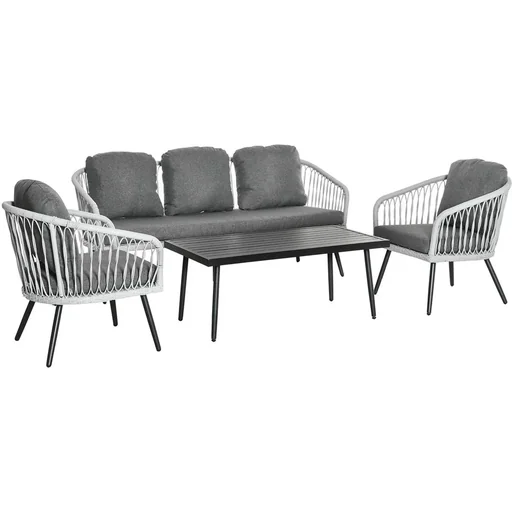 "Polyrattan Gartenmöbel Set 4-teiliges Rattensofa-Set Sitzgruppe Sitzgarnitur für Pause Lounge Teetisch mit Sofa Kissen A image"
