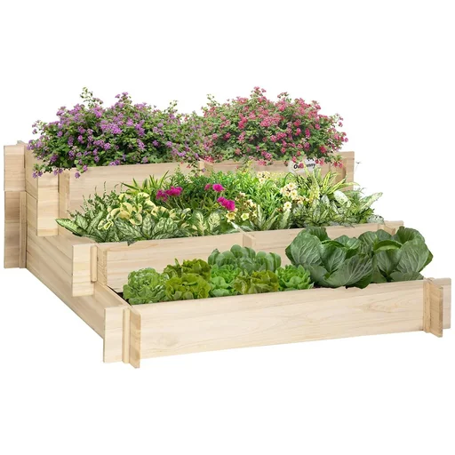 "Hochbeet 3-stufige Gartenbeet Pflanzenbeet Kräuterbeet Blumentreppe für Balkon Garten Natur Holz 93 x 93 x 35 cm image"