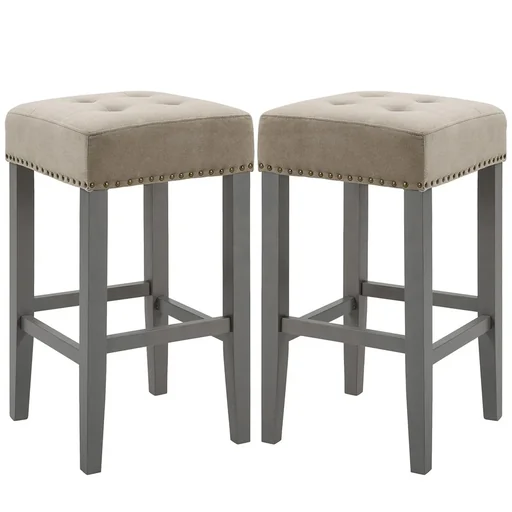 "2er-Set Barhocker Esszimmerhocker mit Fußstütze atmungsaktiv Polyester-Gewebe Gummiholz Schaumstoff Grau 38,5 x 38,5 x 6 image"