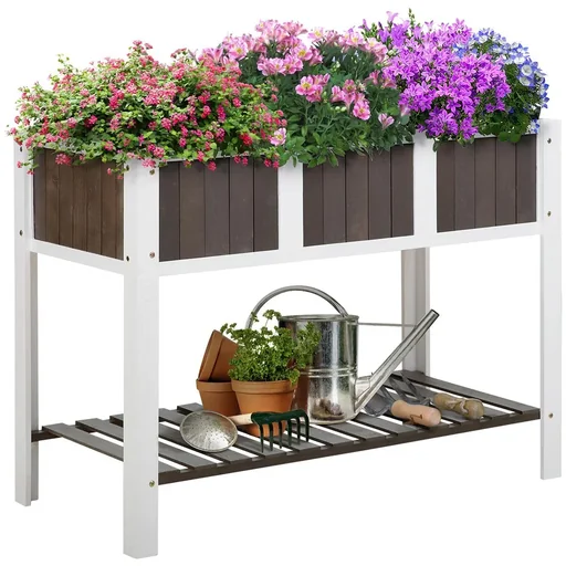 "Pflanztisch Gartenarbeitstisch hölzerne Gartenbeete für Gemüse Blumen, Pflanzkübel mit Regal, 119 x 57 x 89 cm, Tanne, n image"