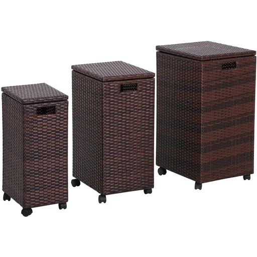 "Aufbewahrungsbox 3er-Set Aufbewahrungskiste Auflagenbox mit Deckel rollbar Polyrattan Braun L/M/S image"
