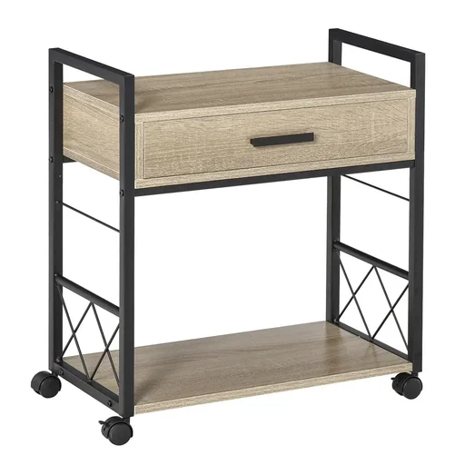 "Beistelltisch Servierwagen mit Rädern Küchenwagen Kaffeetisch mit Schublade Ablage Sideboard beweglich Spanplatte Natur image"