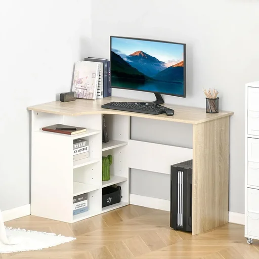 "Eckschreibtisch Winkelschreibtisch PC-Tisch Computertisch Bürotisch mit Regal und Schublade L-Form Spanplatte Weiß+Eiche image"