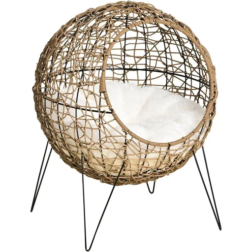 "Rattan Katzenkorb Katzenhöhle Katzenhütte Katzenbett mit Kissen erhöhtes Design Haustierbett Braun Ø45 x 57H cm image"