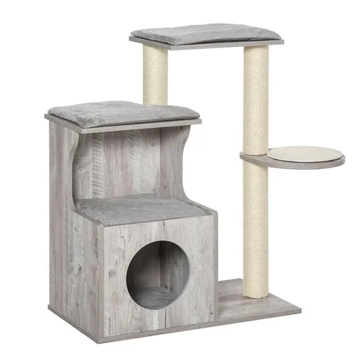 "Kratzbaum mit Katzenhöhle Katzenbaum Kletterbaum für Katzen E1 MDF Sisal Grau 66 x 38 x 88 cm image"