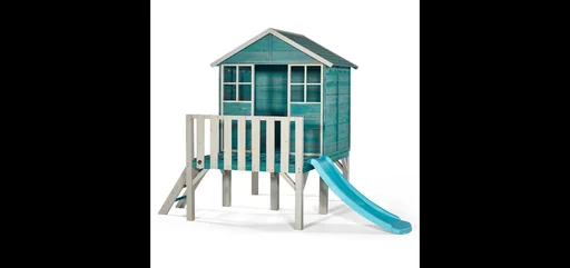 "Holz Spielhaus Boathouse auf Stelzen, Outdoor-Spielhaus für Kinder aus Holz, Spitzdach, Rutsche, Leiter, türkis image"
