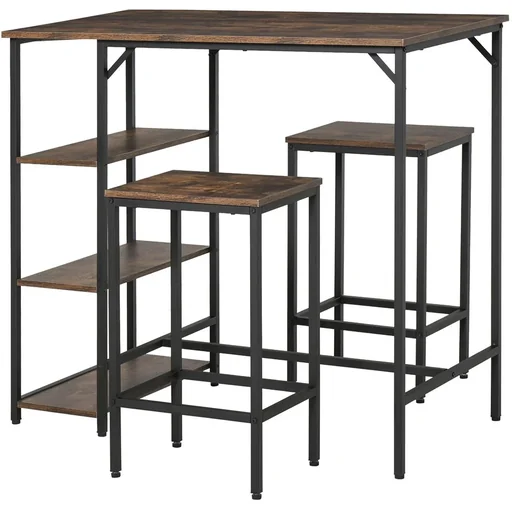 "Bartisch-Set Stehtisch mit 2 Barhockern 3-teiliges Tischset Küchentresen mit Regale Spanplatte Stahl Rustikales Braun+Sc image"
