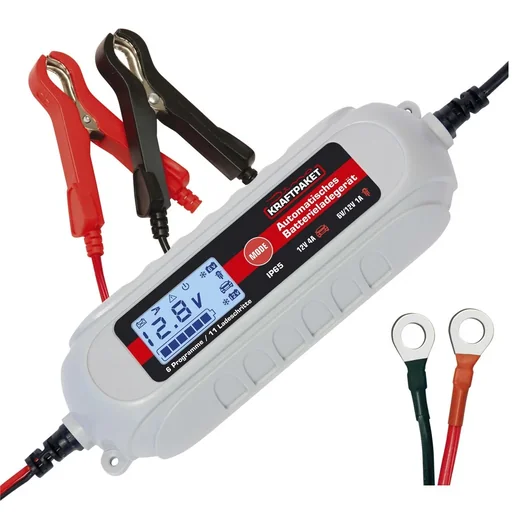 "Batterieladegerät 6 / 12 Volt - 4 A - mit Polklemmen und Ringösenkabel image"