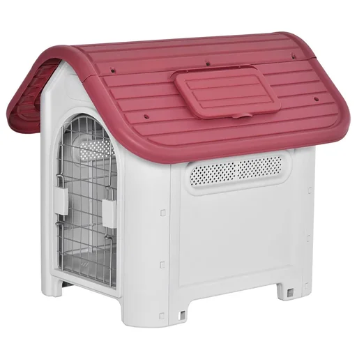 "Hundehütte Outdoor Hundehaus mit Dachluke Tor Unterschlupf für kleine Hunde Luftzirkulation Metall PP Rot+Hellgrau 59 x image"