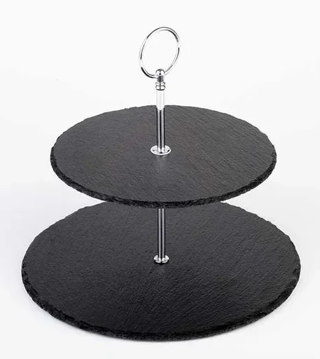 "Etagere, 2-stufig, Schieferplatten Ø 25 cm, Ø 20 cm, Höhe 24 cm, Metall verchromt image"