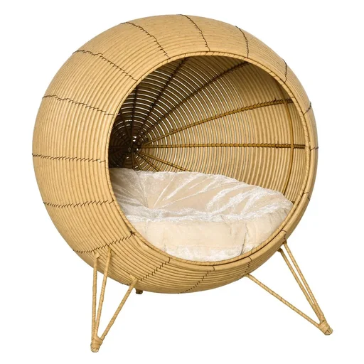 "Rattan Katzenhöhle Katzenhaus mit Kissen und erhöhten Füßen PE-Rattan Hellbraun Ø52 x 58 cm image"