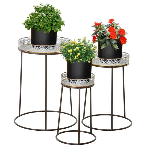 "Blumenständer 3er Set aus Metall für Blumentopf Stapelbar Kaffee+Silber image"