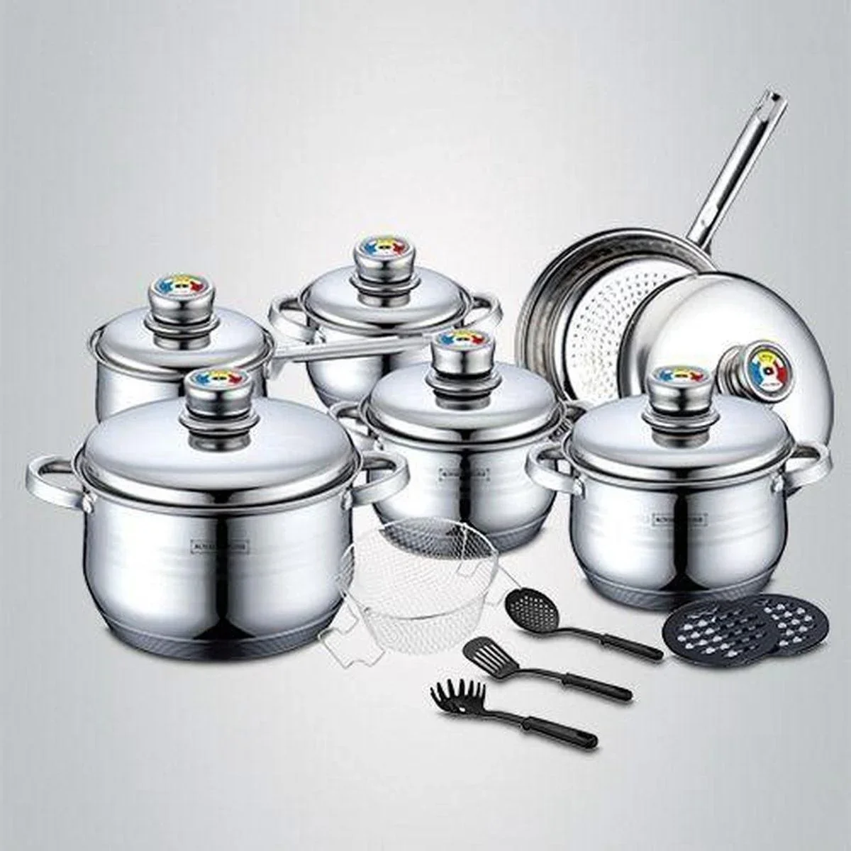 18-teiliges Kochset aus Edelstahl mit Metall-Thermometerdeckeln