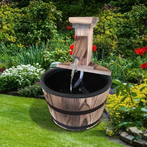 "Gartenbrunnen Zierbrunnen Springbrunnen Fassbrunnen Wasserfall Holzfass Dunkelbraun ?27 x 37 cm image"