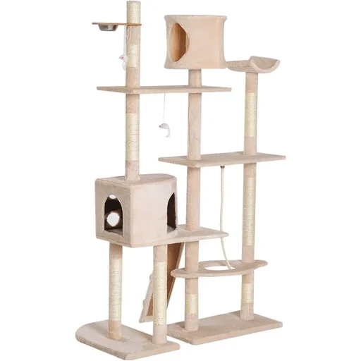 "Kratzbaum Katzenbaum Kletterbaum Futterschale Leiter Beige L150 x B60 x H170 cm image"