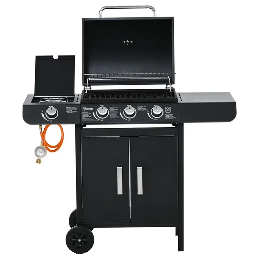 "Gasgrill BBQ Grillwagen mit 3 Brennern 1 Seitenbrenner Druckminderer Schläuche Schrank Multifunktion Metall Schwarz 110 image"