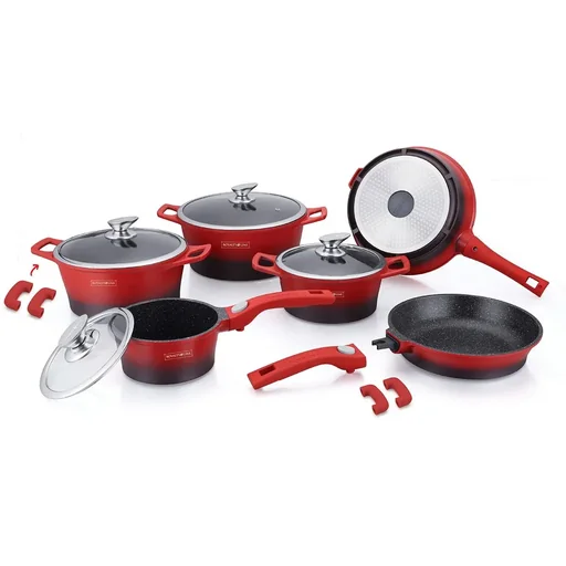 "14-teiliges Marmor-Beschichtungspfannen-Set- Rot/Schwarz image"
