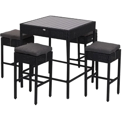 "5-teilige Essgruppe Sitzgruppe Esstisch Bistrotisch Bartisch Gartentisch Metall + Polyrattan Schwarz mit 1 Tisch + 4 Hoc image"
