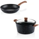 Schwarzer Marmor Holz Töpfe und Pfannen - Bratpfanne 26 cm + Kochpfanne 28 cm - Schwarz