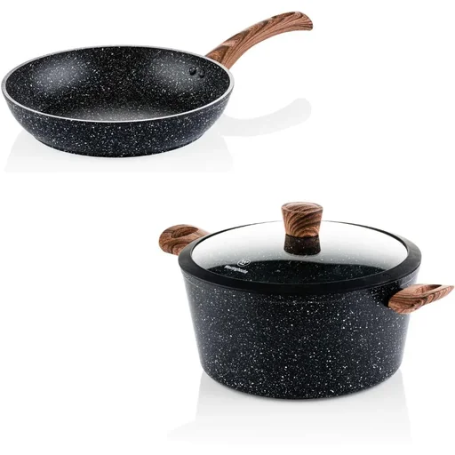 "Schwarzer Marmor Holz Töpfe und Pfannen - Bratpfanne 26 cm + Kochpfanne 28 cm - Schwarz image"