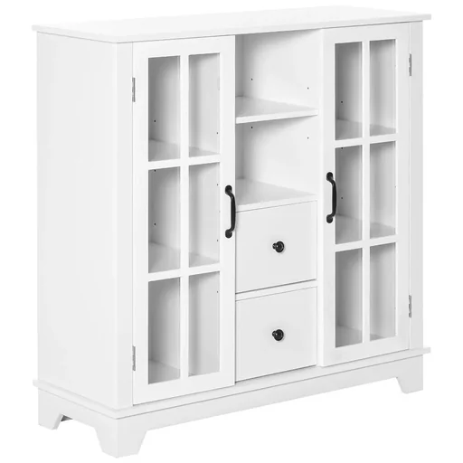"Küchenschrank Sideboard Aufbewahrungsschrank modern elegant mit 2 Schubladen und Glastüren für Esszimmer Wohnzimmer MDF image"