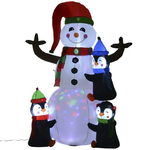 "Aufblasbarer LED Schneemann mit 3 Pinguinen bunt image"