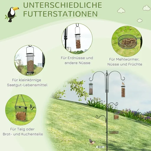 "Vogel Futterstation Set aus Stahl Höhe 208 cm inkl. 4 Haken Vogeltränke Futterteller Vollständiges Futtersäulen Vogelfut image"