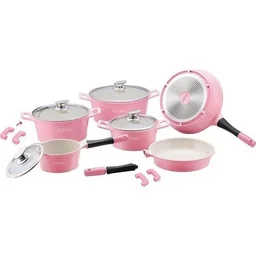 14 Stück Marmorbeschichtetes Kochgeschirr - Pink