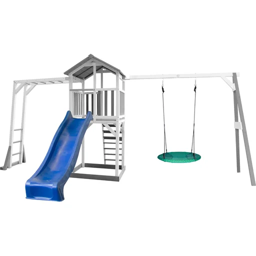 "Beach Tower Spielturm mit Klettergerüst und Summer Nestschaukel - Blaue Rutsche image"