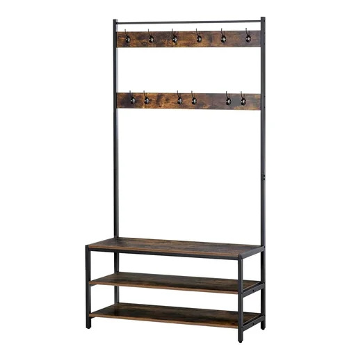 "Garderobenständer mit 12 Haken und Schuhregal Kleiderständer Wandgarderobe Stahl Braun+Schwarz 100 x 40 x 184 cm image"