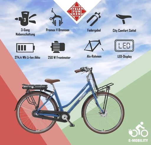 "Unisex Alu-City E-Bike, 28 Zoll, 3-Gang Nabenschaltung, blau, RT530 image"