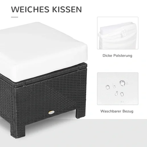 "Poly Rattan Hocker mit Kissen Gartenhocker Sitzhocker Fußhocker Rattanhocker Balkon Sitzhocker Gartenmöbel Schwarz+Creme image"