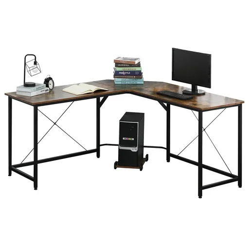"Computertisch, L-förmiger Eckschreibtisch, Schreibtisch, Bürotisch, E1 Spanplatte +Metall, Schwarz+Braun, 150 x 150 x 75 image"