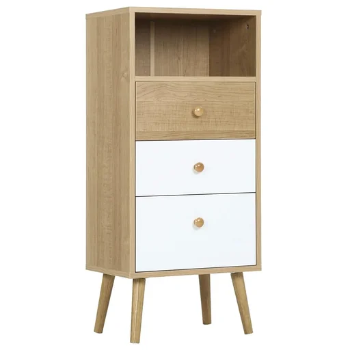 "Sideboard Küchenschrank Kommode mit 1 offenen Fächern 3 Schubladen Skandi-Design Natur+Weiß 40 x 29 x 90 cm image"