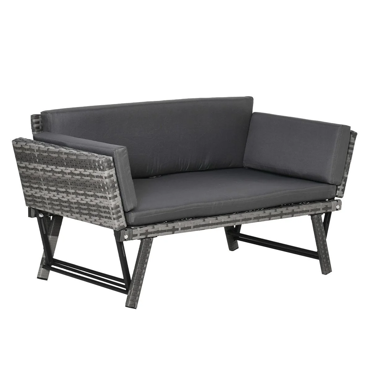 Poly Rattan Gartenbank 2 Sitzer Gartenmöbel Lounge Sofa Klappbare Armlehnen Stahl Grau 129 x 66 x 67 cm