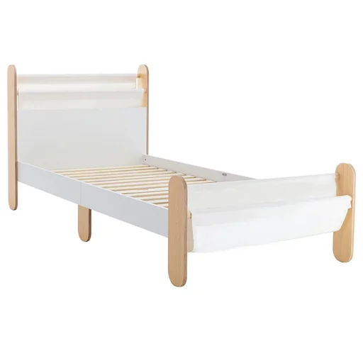 "Kinderbett mit Betttasche Spielzeugtasche für 3+ Jahre Holzbett für Mädchen und Junge Kinderzimmer Holz Weiß+Natur 229 x image"