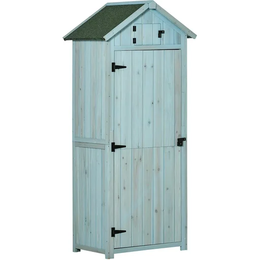 "Gartenschrank Gartenhaus Gerätehaus Geräteschuppen mit Fachböden Asphaltdach Fenster Holz Hellblau+Grün 77 x 54,2 x 179 image"
