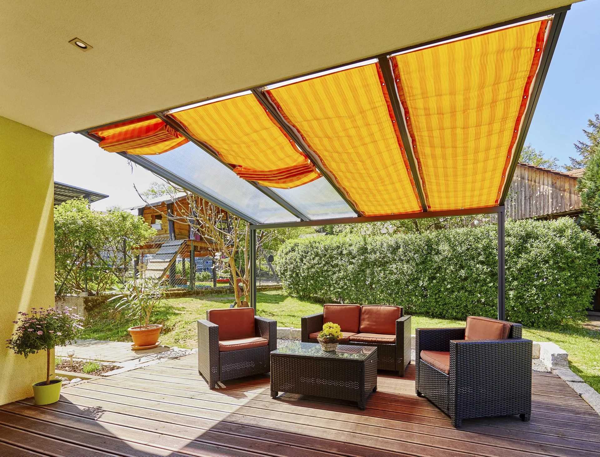 Beschattung mit Seilführung, 1155 x 2900 mm - Stoff Ladakh, grau gestreift