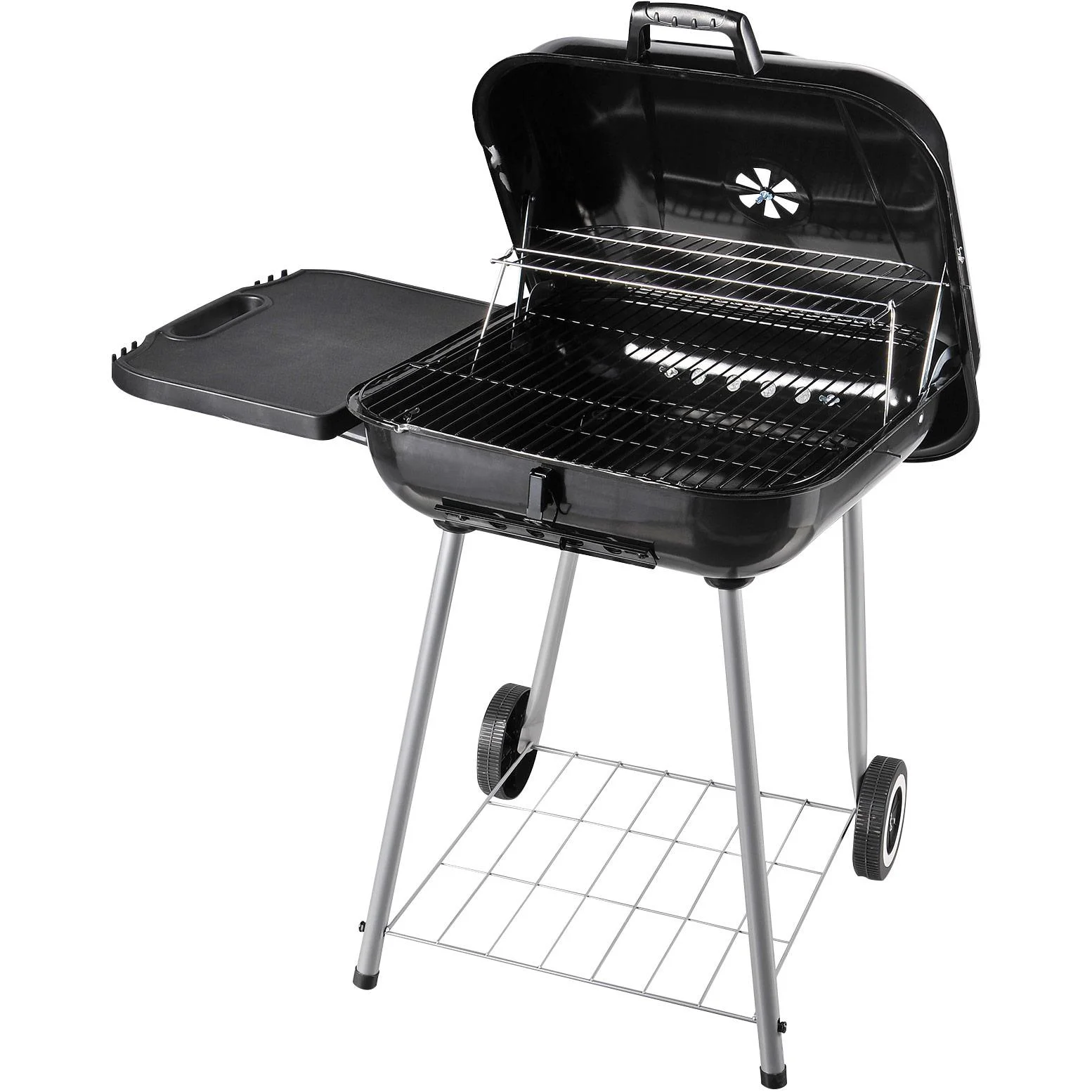 Kohlegrill Grillwagen Standgrill mit Windschutz 2 x Ablagefach Metall Schwarz 96 x 61 x 83 cm