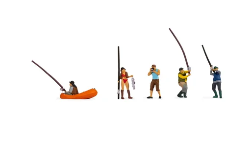 "Angler, 1x Angler im kleinem Holzboot, 4x Angler am Ufer stehend, Spur H0 image"