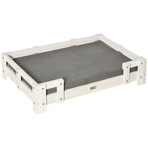 "Hundehochbett mit Kissen, Kiefer, Weiß+Grau, 90 x 60 x 20 cm image"
