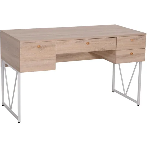 "Schreibtisch Computertisch PC Laptop Bürotisch 3xSchublade 1xAblage Holz+Metall Natur+Weiß 130x60x76cm image"