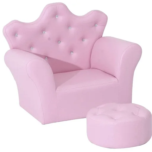 "Kindersessel Kindersofa Softsofa mit Kristallknöpfen mit Hocker Rosa image"